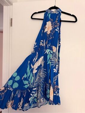 Cupshe Blue Tropical Halter Mini Dress with Cream Floral Print